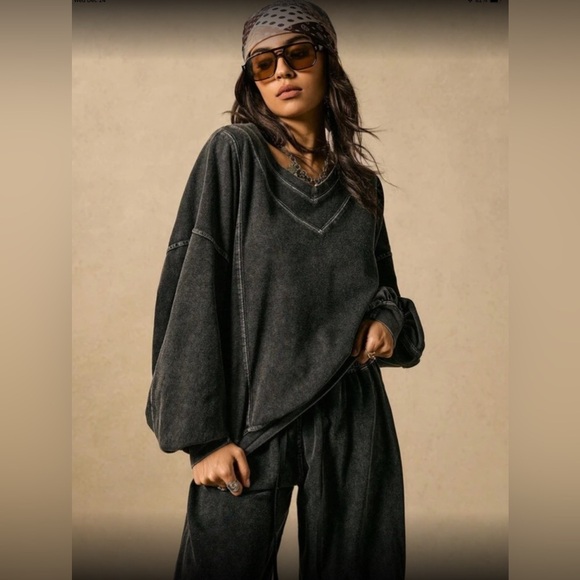 ✨NEW Bohemian sweatshirt pants suit -  Black  stone wash - Two-Piece Set - Picture 7 of 8